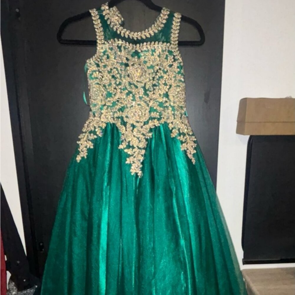 Gold and green corset dress